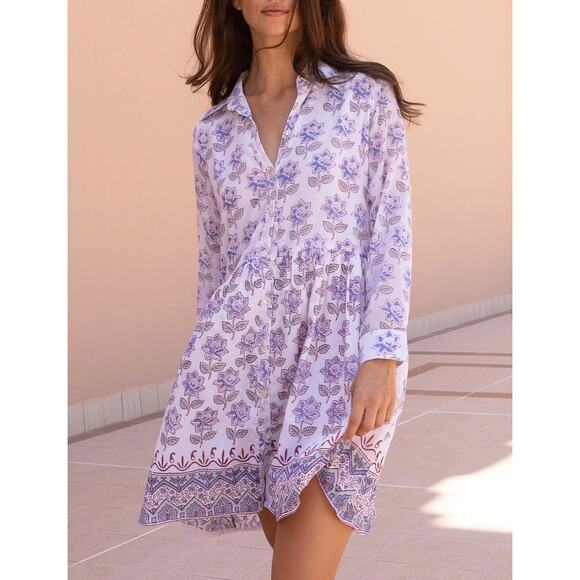 OLIPHANT Long Sleeve Mini Cotton Button Shirt Dress Block Print Portofino Aqua - Picture 6 of 10